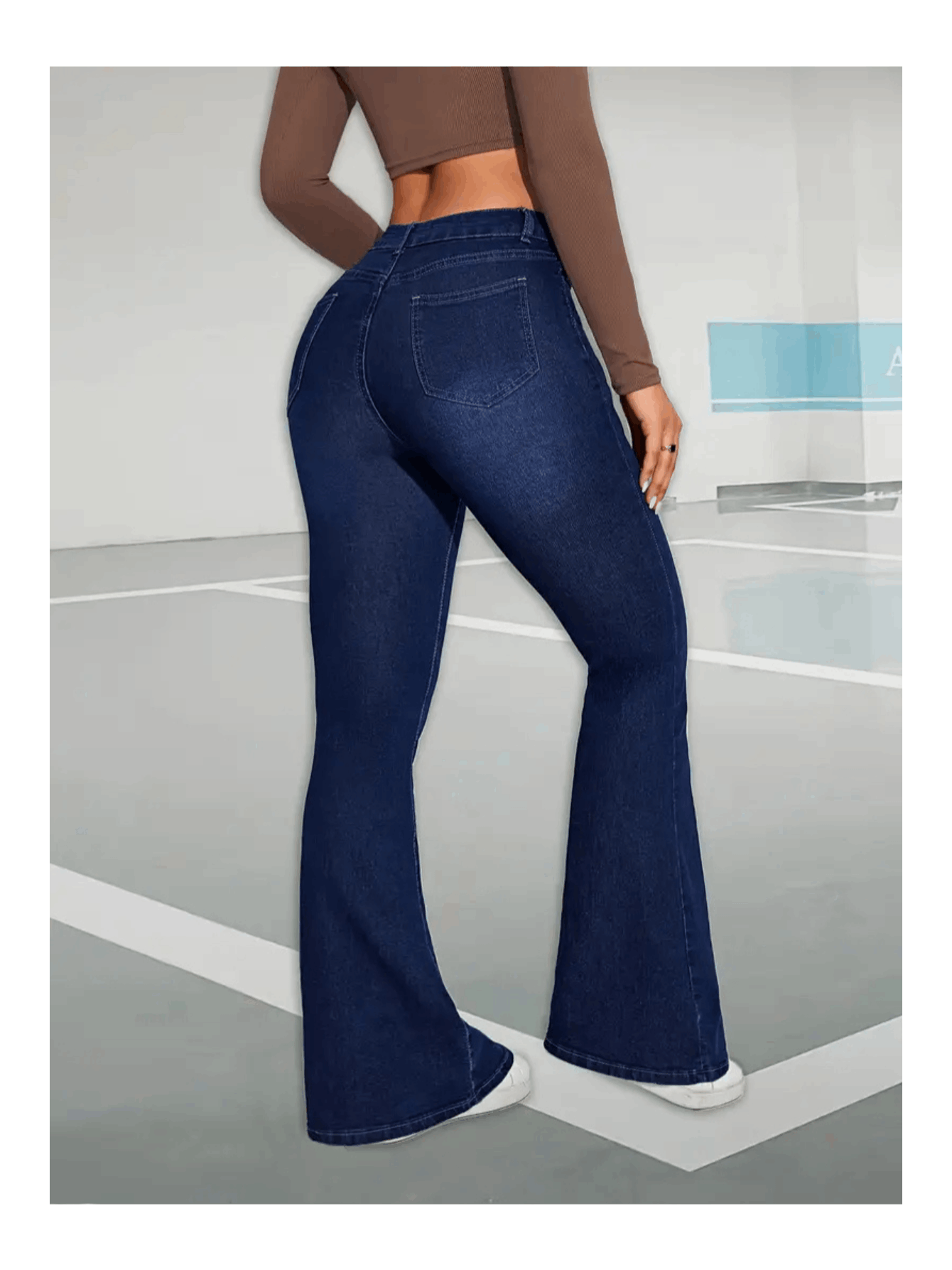 Calça jeans flare de cintura alta premium para mulheres, com elastano, confortável e estilosa, look gringa moderno