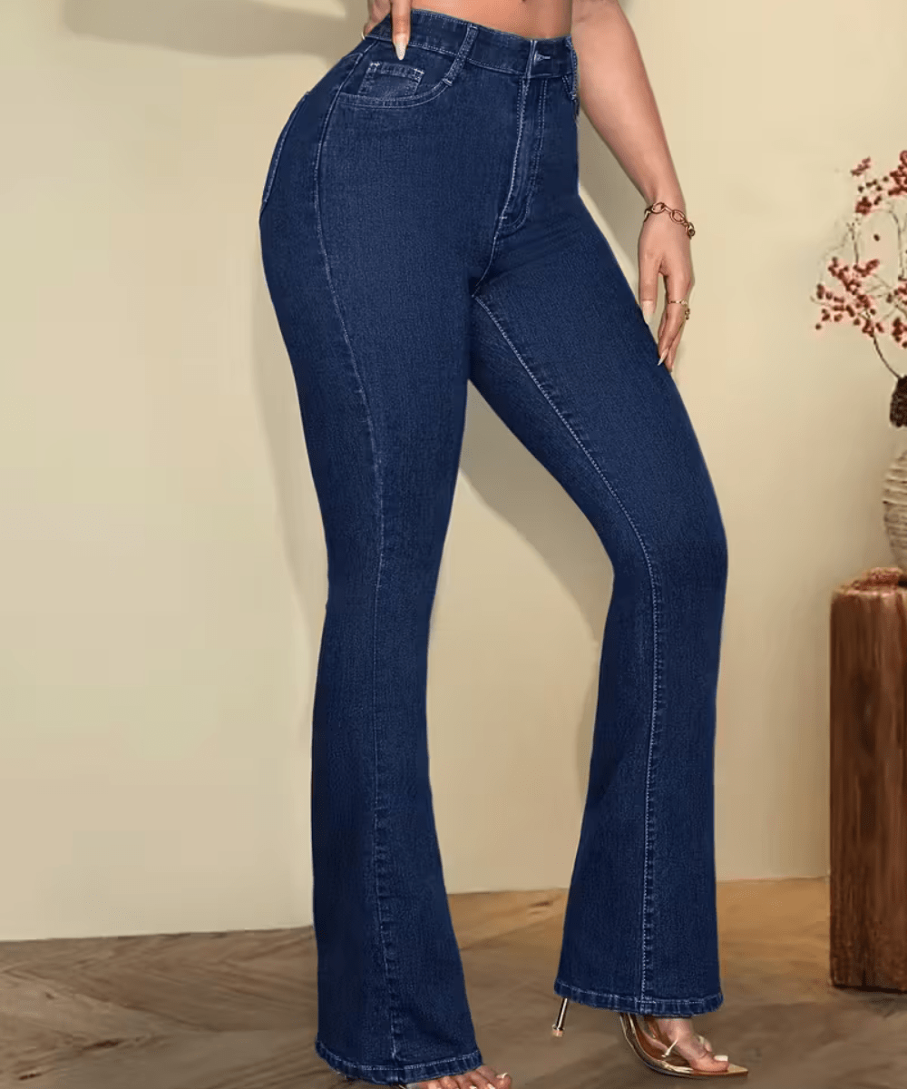Calça jeans flare de cintura alta premium para mulheres, com elastano, confortável e estilosa, look gringa moderno