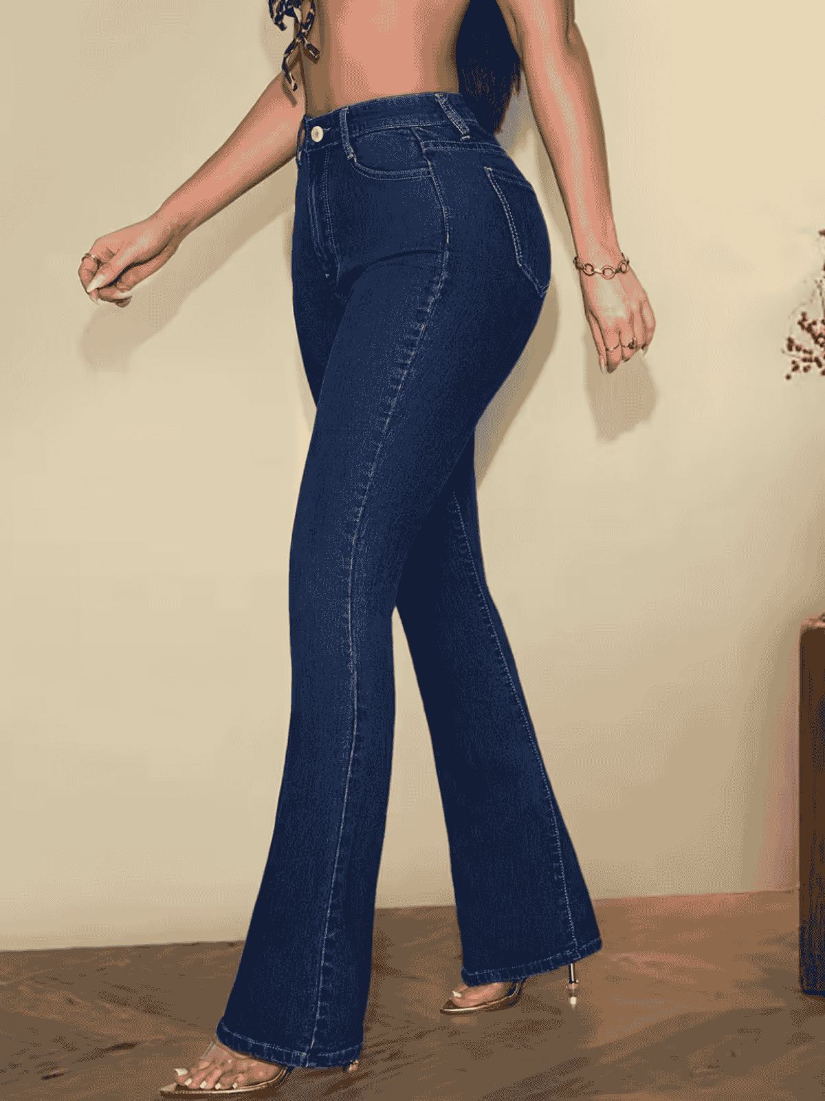 Calça jeans flare de cintura alta premium para mulheres, com elastano, confortável e estilosa, look gringa moderno