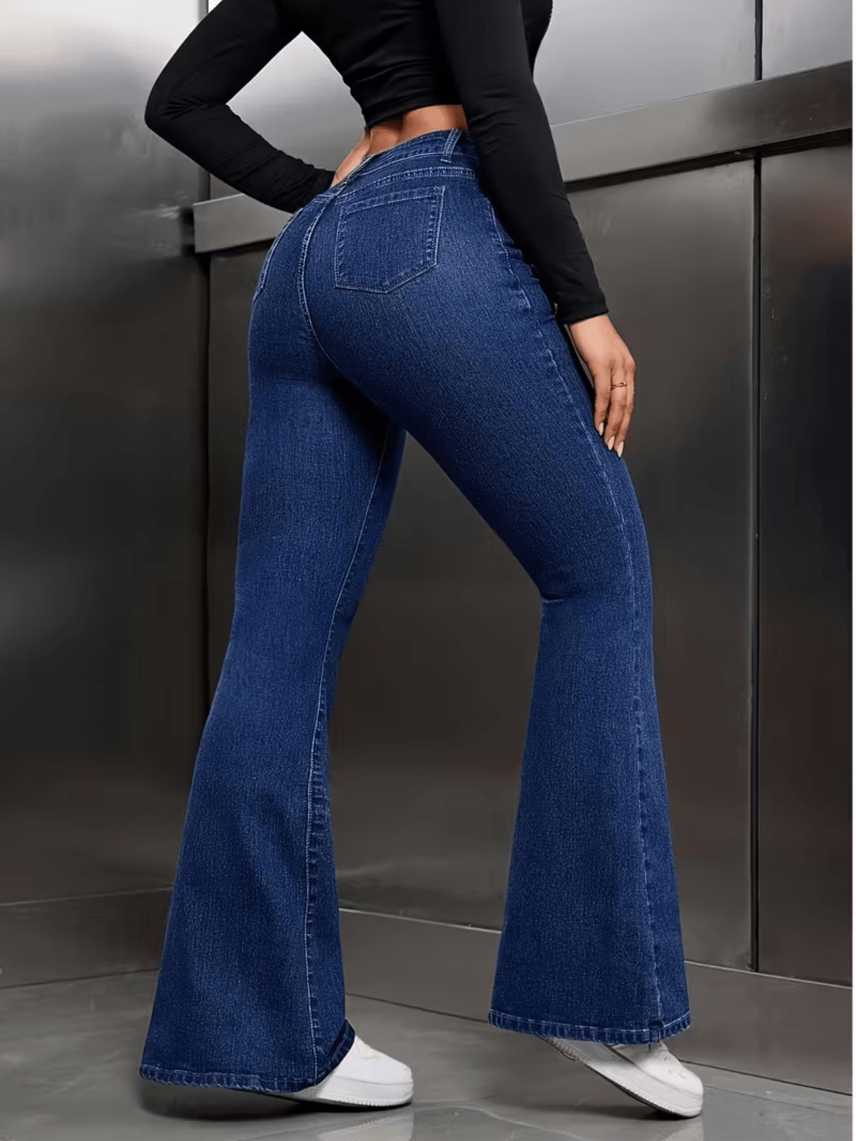 Calça jeans flare de cintura alta premium para mulheres, com elastano, confortável e estilosa, look gringa moderno