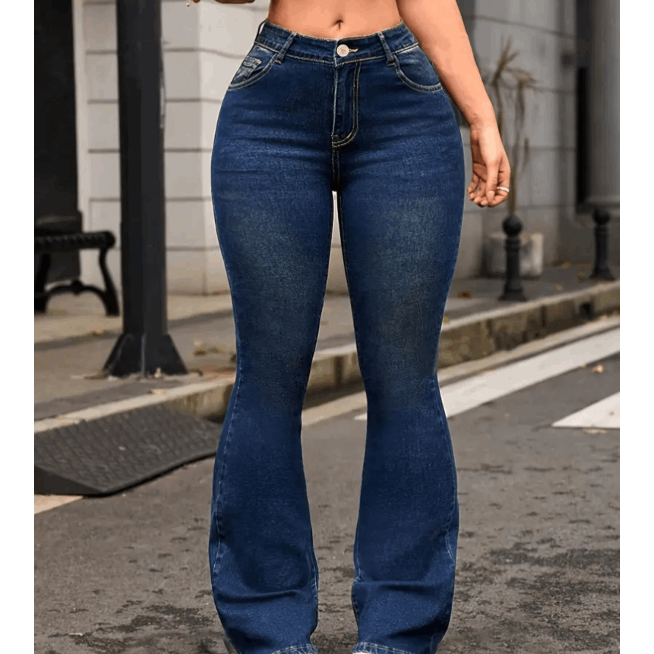 Calça jeans flare de cintura alta premium para mulheres, com elastano, confortável e estilosa, look gringa moderno
