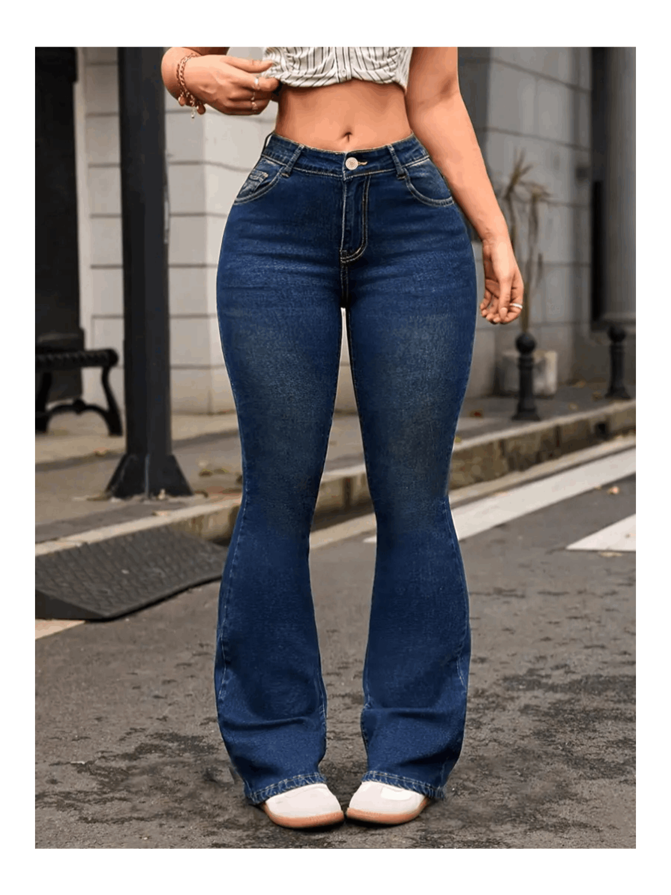 Calça jeans flare de cintura alta premium para mulheres, com elastano, confortável e estilosa, look gringa moderno