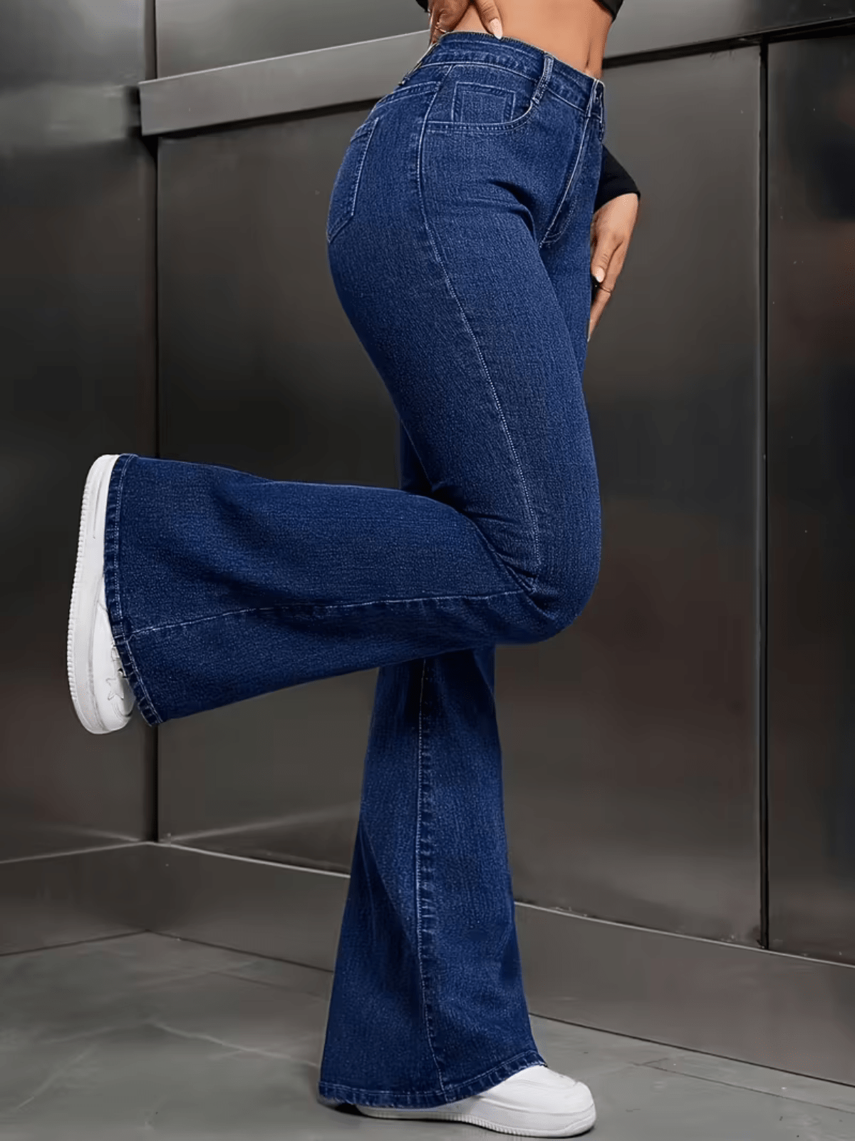 Calça jeans flare de cintura alta premium para mulheres, com elastano, confortável e estilosa, look gringa moderno