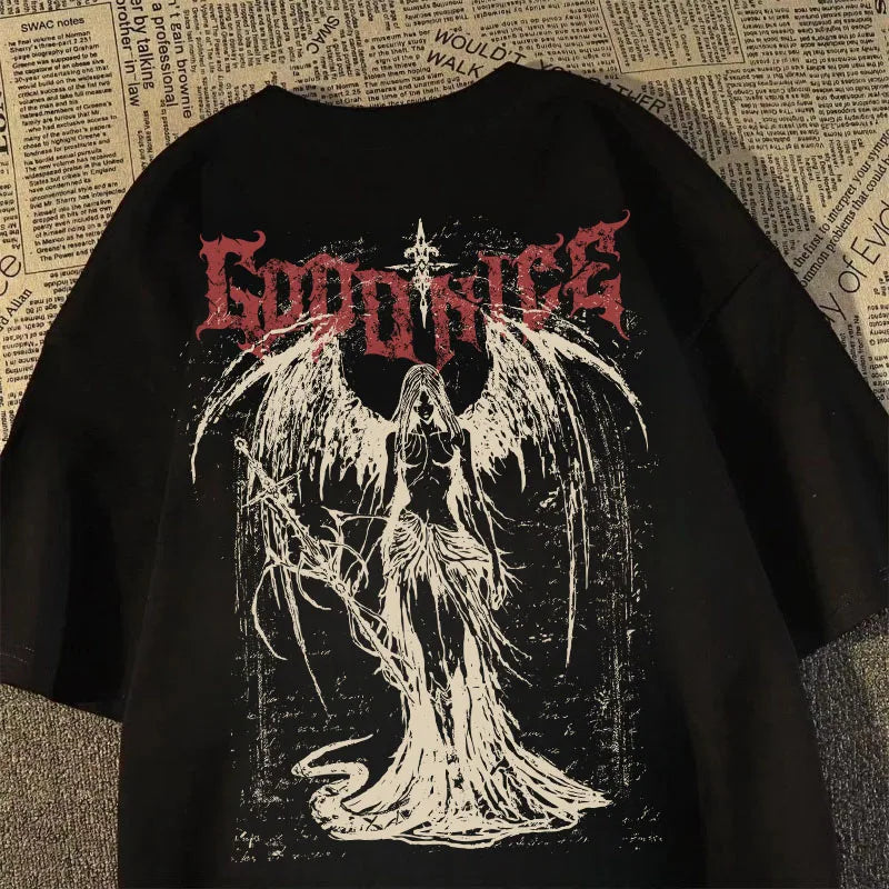 camiseta pesada de manga curta americana retro espada-ponde anjo impresso de manga curta