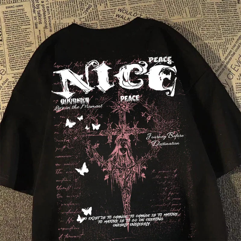 Camiseta masculina e feminina moda americana pesada cruz anjo