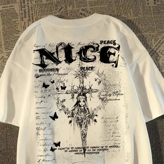 Camiseta masculina e feminina moda americana pesada cruz anjo