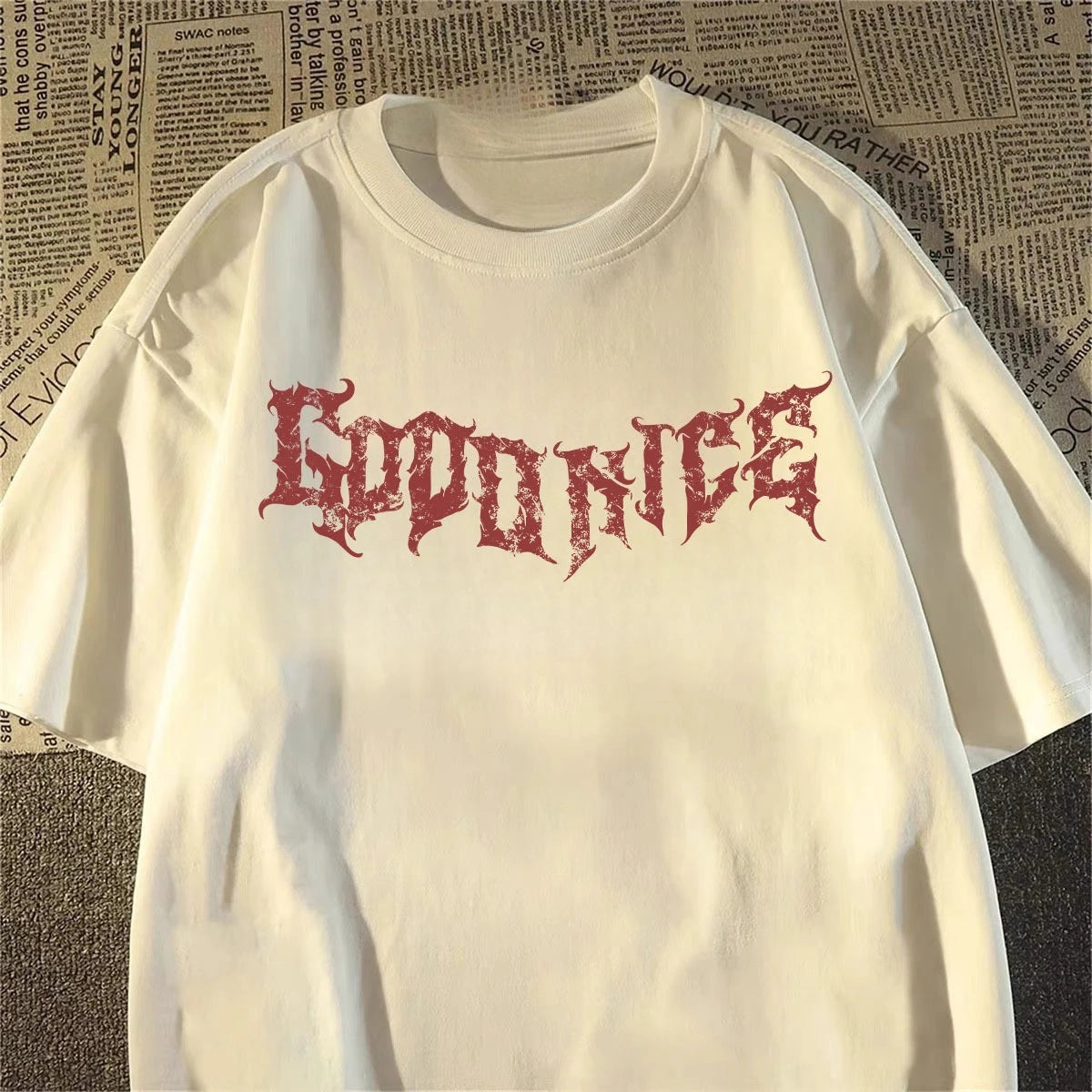 camiseta pesada de manga curta americana retro espada-ponde anjo impresso de manga curta