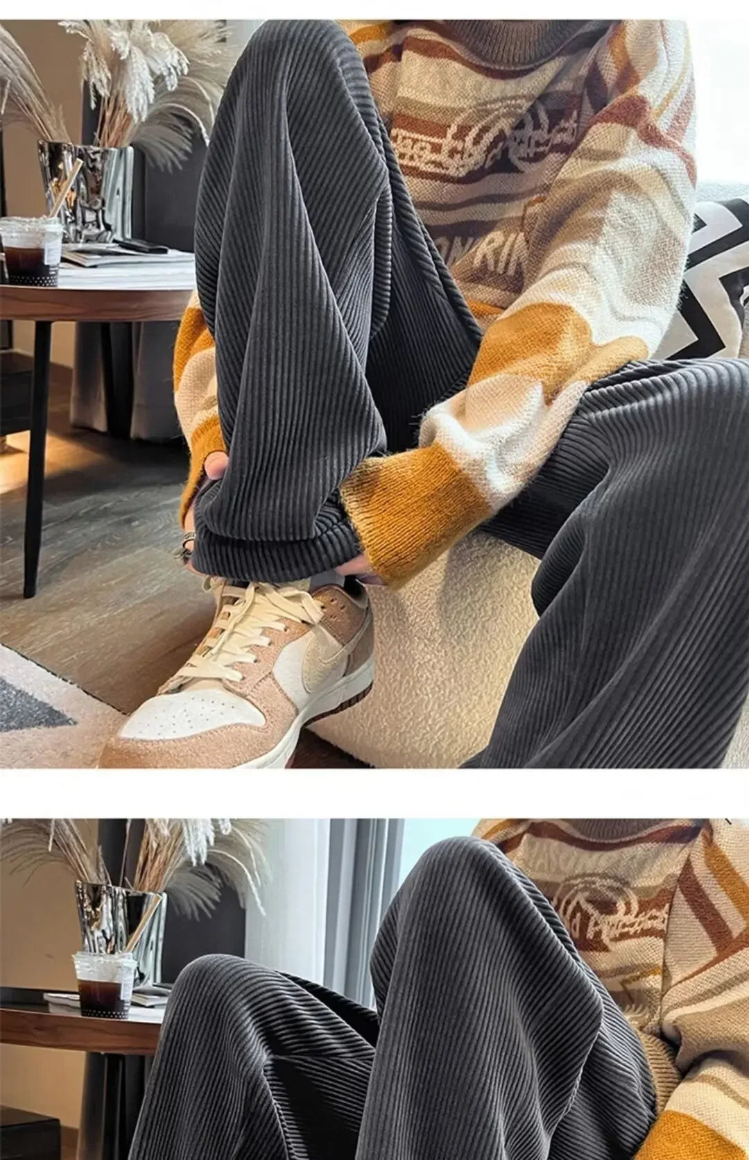 Calça Retro veludo masculino perna reta ajustável.