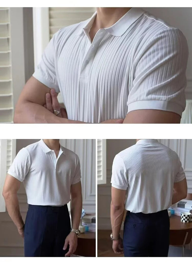 Camisa polo masculina de malha listrada