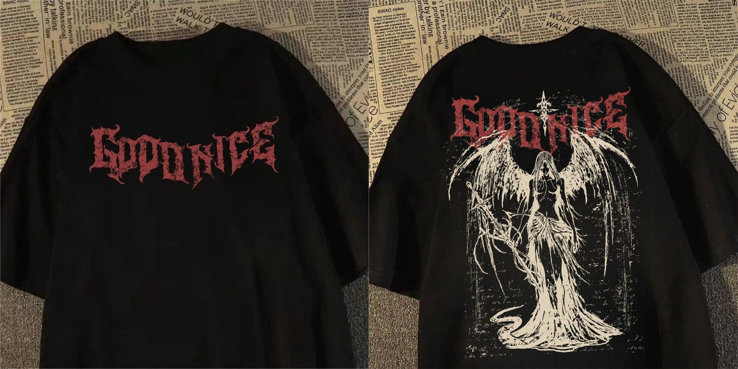 camiseta pesada de manga curta americana retro espada-ponde anjo impresso de manga curta