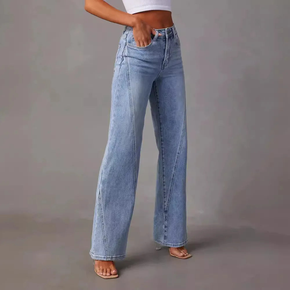 Jeans de perna reta feminina, calça comprida, emenda solta, perna larga, monocromática