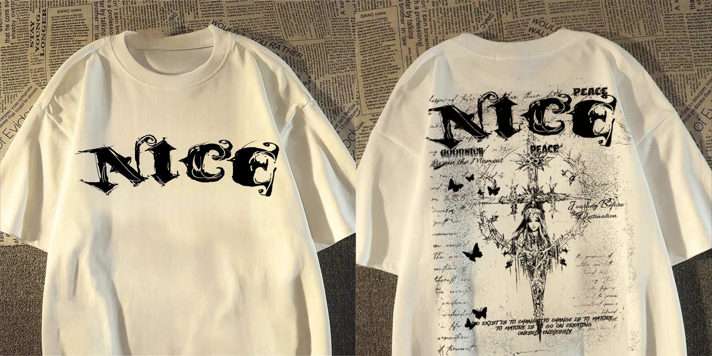 Camiseta masculina e feminina moda americana pesada cruz anjo