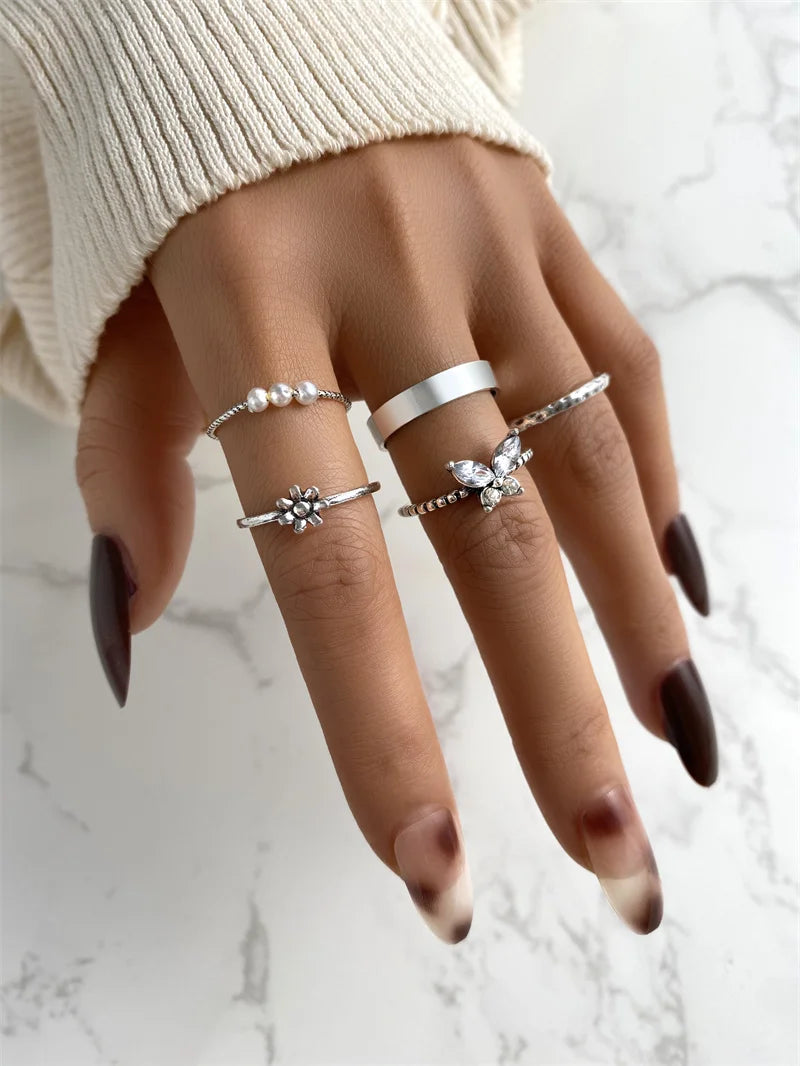 Anéis de Pérola de Borboleta Boêmia para Mulheres Brilho, Gótico, Vintage