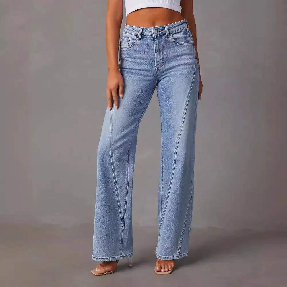 Jeans de perna reta feminina, calça comprida, emenda solta, perna larga, monocromática