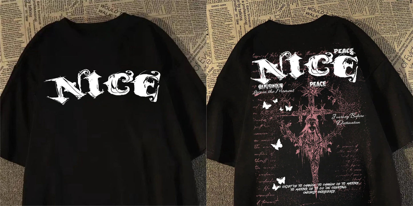 Camiseta masculina e feminina moda americana pesada cruz anjo