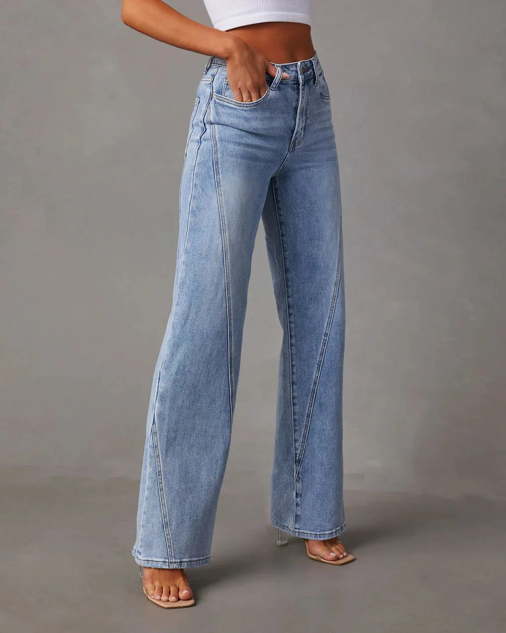 Jeans de perna reta feminina, calça comprida, emenda solta, perna larga, monocromática