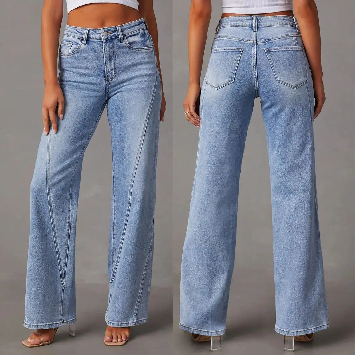 Jeans de perna reta feminina, calça comprida, emenda solta, perna larga, monocromática