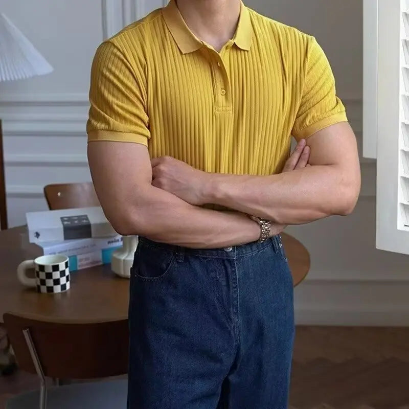 Camisa polo masculina de malha listrada