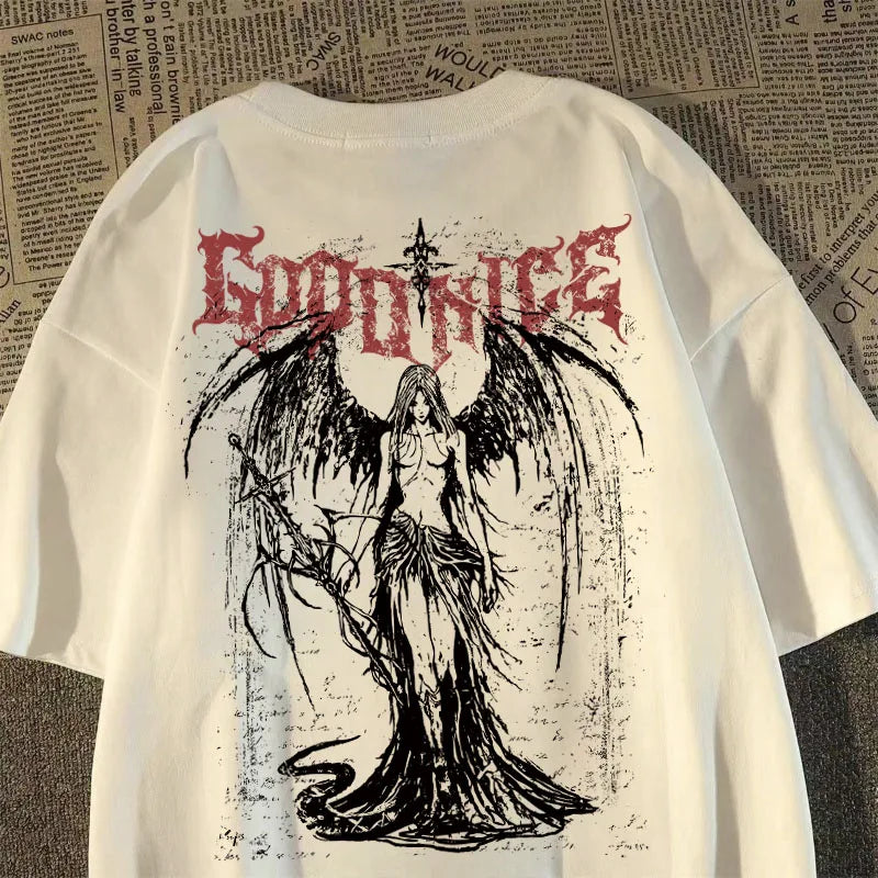 camiseta pesada de manga curta americana retro espada-ponde anjo impresso de manga curta