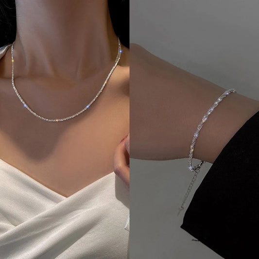 Conjunto de pulseira de colar brilhante brilhante para mulheres meninas minimalista banhado a prata corrente de clavícula céu estrelado acessórios de joias