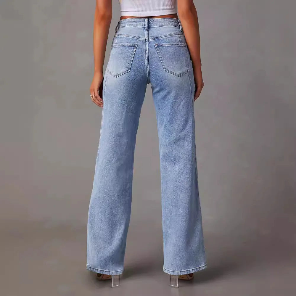 Jeans de perna reta feminina, calça comprida, emenda solta, perna larga, monocromática