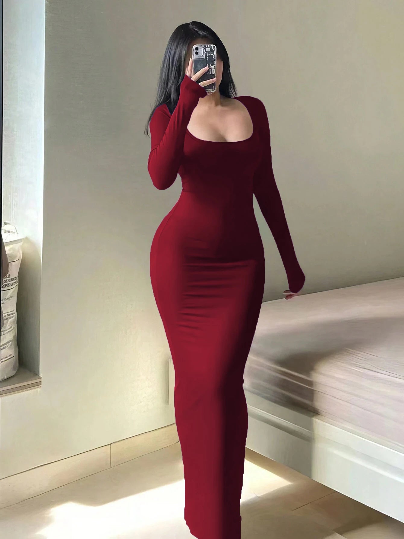 Vestido bodycon de manga comprida sólido feminino, chique básico minimalista casual