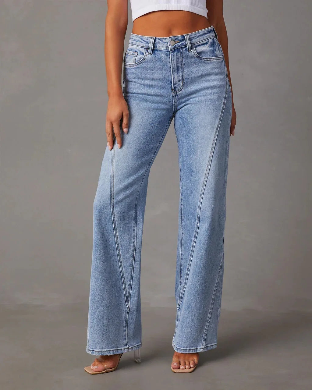 Jeans de perna reta feminina, calça comprida, emenda solta, perna larga, monocromática