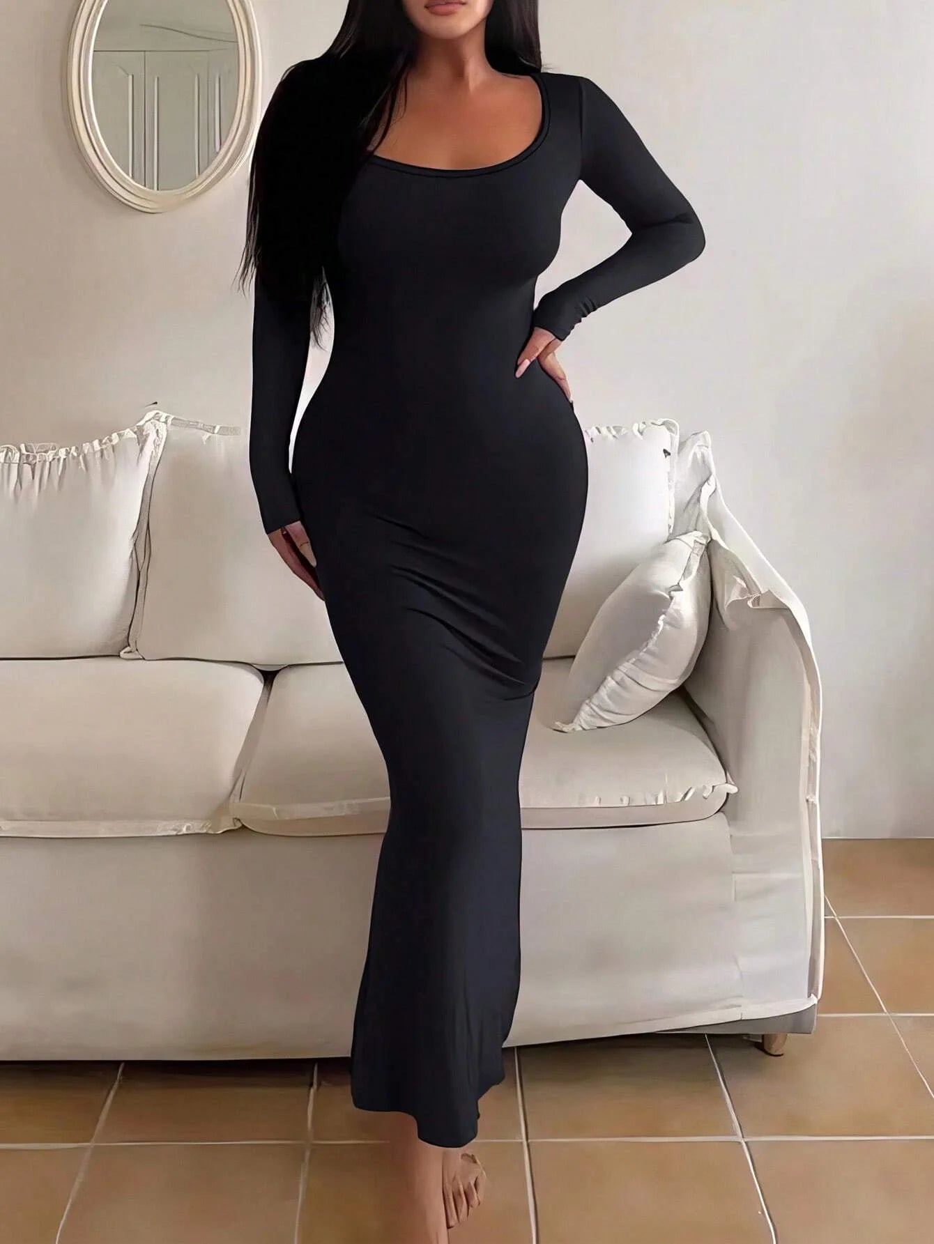 Vestido bodycon de manga comprida sólido feminino, chique básico minimalista casual