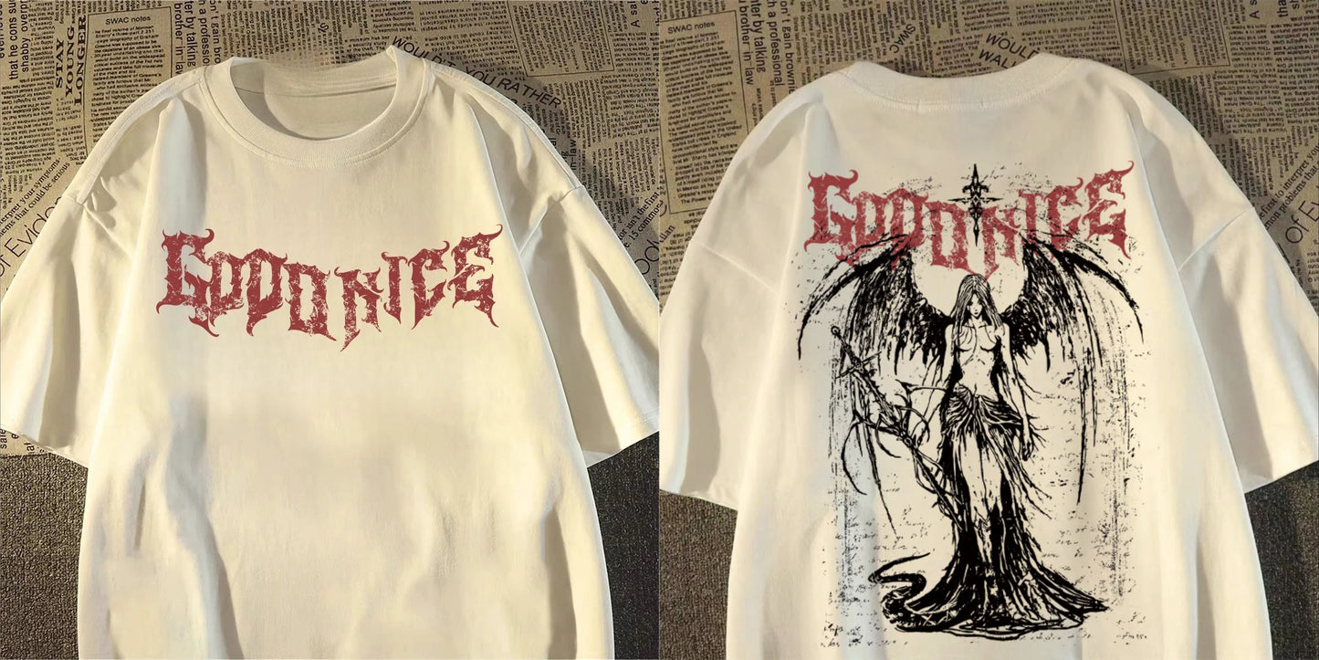 camiseta pesada de manga curta americana retro espada-ponde anjo impresso de manga curta