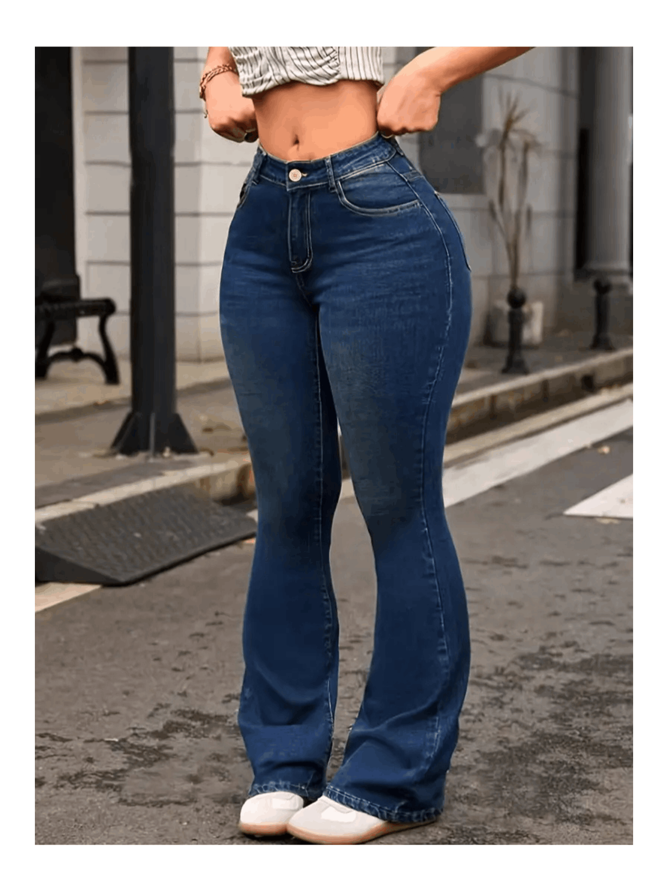 Calça jeans flare de cintura alta premium para mulheres, com elastano, confortável e estilosa, look gringa moderno