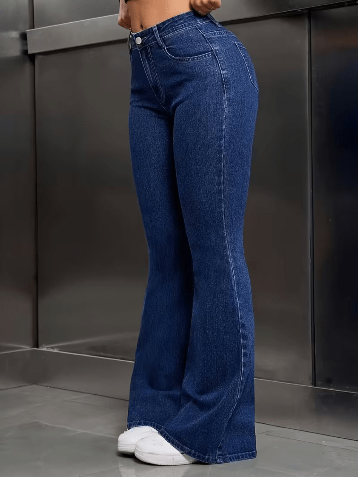 Calça jeans flare de cintura alta premium para mulheres, com elastano, confortável e estilosa, look gringa moderno
