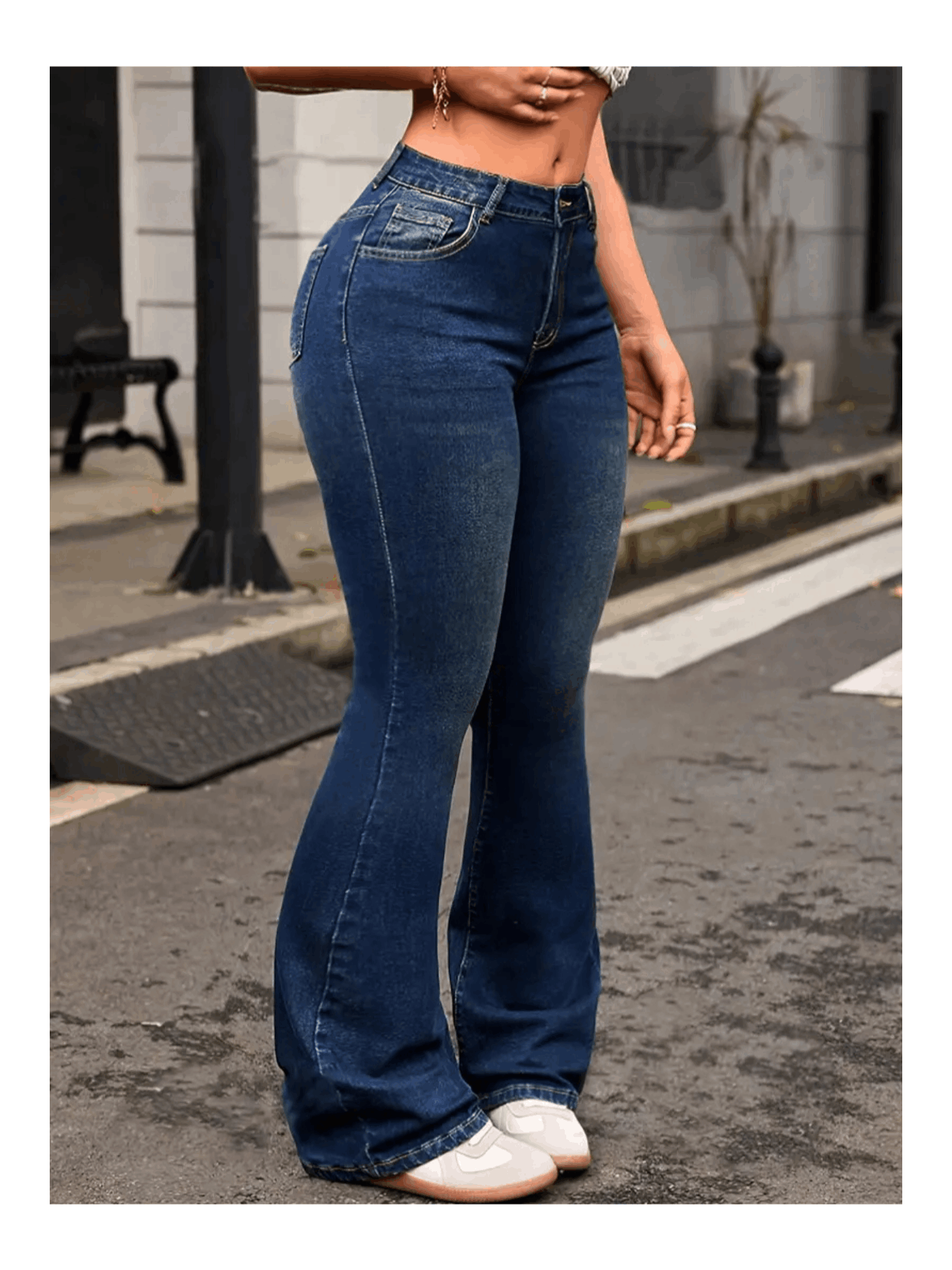 Calça jeans flare de cintura alta premium para mulheres, com elastano, confortável e estilosa, look gringa moderno